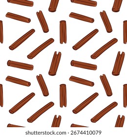 Seamless pattern with cinnamon stick in brown flat style. Perfect for spice decor, kitchen background, package and herbal production.