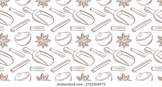 Patrón sin fisuras con palo de canela, anís estrellado, cucharada de madera y tazón lleno de especias molidas. Diseño para libro de recetas o diseño de especias en estilo de arte de línea.