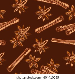 Seamless pattern cinnamon stick and star anise, vector illustration