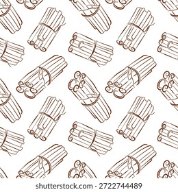 Patrón sin fisuras de palo de canela atado en Paquete sobre un fondo blanco en estilo de arte de línea. Diseño para paquete de panadería o decoración de la cocina.