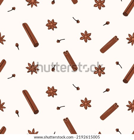 Seamless pattern Cinnamon sticks anise and cloves, fragrant spices, vector illustration