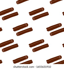 Seamless pattern with cinnamon sticks. Simple cute spice roll with bow in scandinavian style. Repeat element for ad, sale, background. Vector Illustration