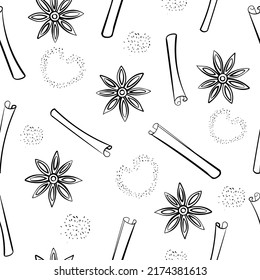 Seamless pattern of cinnamon sticks, star anise and cinnamon powder. Black and white sketch. Vector illustration