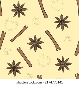 Seamless pattern of cinnamon sticks, star anise and cinnamon powder. Doodle style. Vector illustration