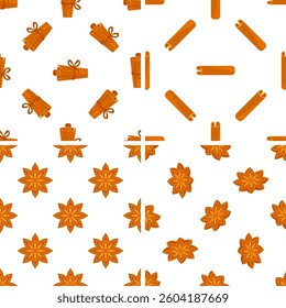 Seamless pattern with cinnamon sticks and star anise spices on white background