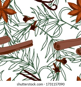 Seamless pattern with cinnamon sticks, vanilla and anise. Hand-drawn drawing. Color vector image. Design for textiles, packaging paper.