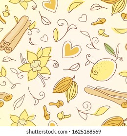 Seamless pattern with : cinnamon, vanilla, almond, lemon. Hand drawn background. Vector illustration.