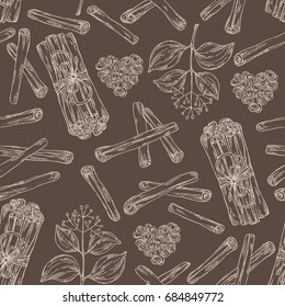 Seamless pattern with cinnamon. Vector hand drawn illustration.