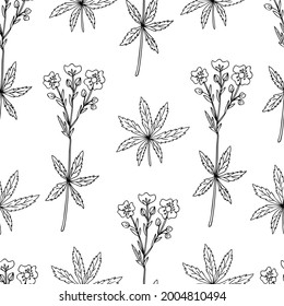 Seamless pattern Cinquefoil flower, potentilla erecta, bloodroot vector hand drawn ink illustration isolated on white, decorative herbal doodle, line art medical herb for design cosmetic medicine