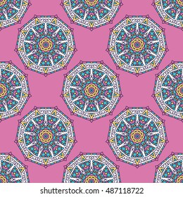 Seamless Pattern With Circle Ethnic Ornament. Abstract Background For Design