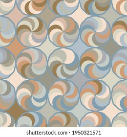 Seamless pattern. Circle rotation shapes. Pastel colors. Blue, gray, beige, green, brown.