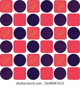 Seamless pattern with circle and rounded square and various abstract line stroke drawing. 