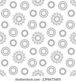 Seamless pattern with circle shaped snowflakes-like flowers. Hand drawn vector illustration.