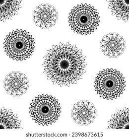 Seamless pattern with circle shaped snowflakes-like flowers. Hand drawn vector illustration.