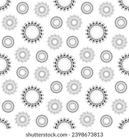 Seamless pattern with circle shaped snowflakes-like flowers. Hand drawn vector illustration.