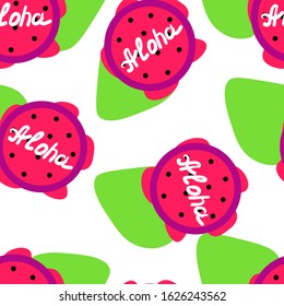 Seamless pattern of Circle slice of  dragon fruit in flat minimal style with hand draw lettering Aloha. Cute unusual illustration pink pitahaya good for summer wallpaper and textile.