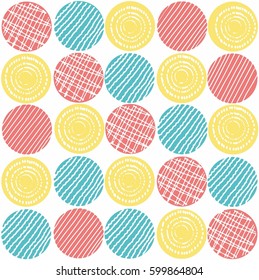 Seamless pattern with circle textures. Abstract background with different elements. Hand drawn colorful texture on white background.