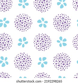 Seamless pattern with circle textures and symboloc flowers. Hand drawn vector elements. Simple background with pastel geometric shapes for fabric and design.