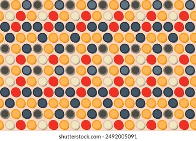 seamless pattern with circles and 3d effect. vibrant retro pattern featuring colorful dots in red, orange, blue, and beige, ideal for textile, fabric, abstract backgrounds and wallpapers.
