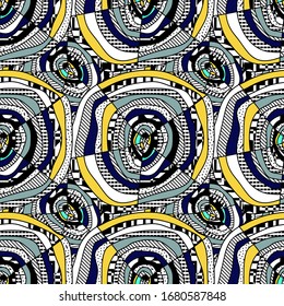 Seamless pattern of circles with abstract ornaments of different textures. Hand-drawn, original design.