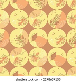 Seamless pattern of circles, autumn leaves, abstract spots, lines and dots. Pattern in autumn and pastel colors. Vector illustration.