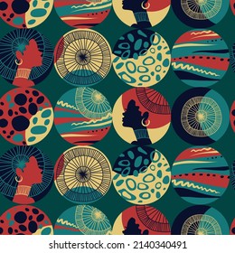 Seamless pattern with circles, black woman and African motifs. Colorful print in dark colors, black, emerald, red and beige. Vector illustration.