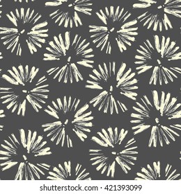 Seamless pattern with circles brush strokes. Vector gray hand drawn flowers. Flowers, dandelions, fireworks.