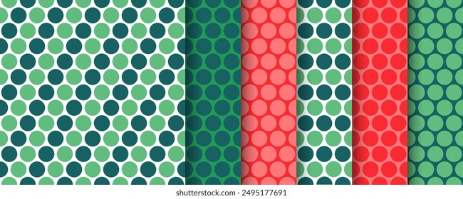 Seamless pattern with circles. Christmas polka dot background. Set holiday red green textures. Collection festive wrapping papers. Dotted New year Xmas print. Geometric backdrop. Vector illustration