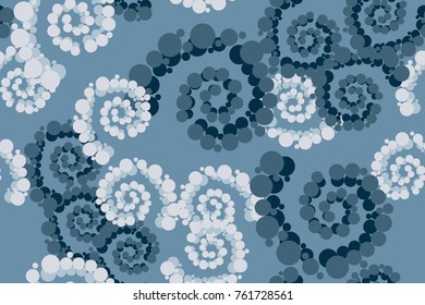 Seamless pattern. Circles collected in a spiral. Chaotic spread. Five winter colors.