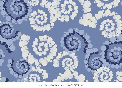 Seamless pattern. Circles collected in a spiral. Chaotic spread. Five winter colors.