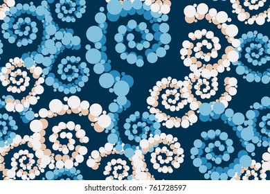 Seamless pattern. Circles collected in a spiral. Chaotic spread. Five winter colors.