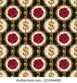 Patrón sin foco con círculos con rosas carmesí, signo de dólar dorado, cadenas de oro, cuentas. Elementos alineados verticalmente sobre un fondo oscuro.