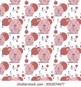 seamless pattern of circles and cute little pink pig sitting and holding blue berries