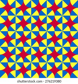 Seamless pattern with circles divided into eight parts of repeated red yellow and blue color