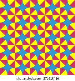 Seamless pattern with circles divided into eight parts of repeated red yellow and blue color