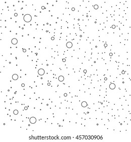 Seamless pattern with circles and dots of different sizes in a chaotic manner. Various diameter round shapes randomly placed on continuous background. Vector repeating texture.
