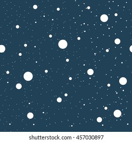 Seamless pattern with circles and dots of various sizes in a chaotic manner. Different diameter round shapes randomly placed on continuous background. Vector repeating texture.