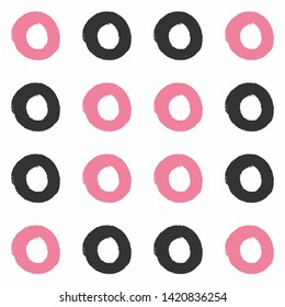Seamless pattern with circles drawn by watercolour brush. Sketch, watercolor, paint. Simple girly print. Vector illustration.