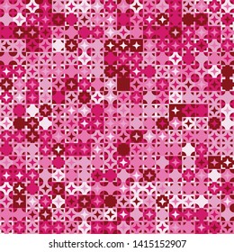 Seamless pattern. Circles, four-beam stars and squares form a variegated, checkered pattern. Chaotic coloring. Harmonious colors.
