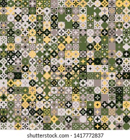 Seamless pattern. Circles, four-beam stars and squares form a motley background. Chaotic coloring. Harmonious colors.