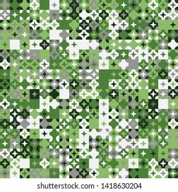 Seamless pattern. Circles, four-beam stars and squares constructed in rows. Chaotic motley coloring. Harmonious colors.