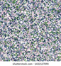 Seamless pattern. Circles, four-beam stars and squares broken into fragments form a motley background. Chaotic coloring. Harmonious colors.