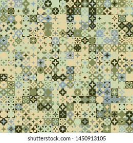 Seamless pattern. Circles, four-beam stars and squares form a motley background. Chaotic coloring. Harmonious colors.