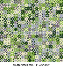 Seamless pattern. Circles, four-beam stars and squares form a motley background. Chaotic coloring. Harmonious colors.