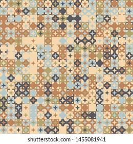 Seamless pattern. Circles, four-beam stars and squares form a variegated, checkered pattern. Chaotic coloring. Harmonious colors.