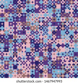 Seamless pattern. Circles, four-beam stars and squares constructed in rows. Chaotic motley coloring. Harmonious colors.