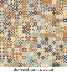 Seamless pattern. Circles, four-beam stars and squares constructed in rows. Chaotic motley coloring. Harmonious colors.