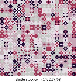 Seamless pattern. Circles, four-beam stars and squares constructed in rows. Chaotic motley coloring. Harmonious colors.