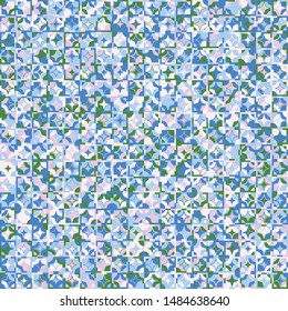 Seamless pattern. Circles, four-beam stars and squares broken into fragments form a motley background. Chaotic coloring. Harmonious colors.