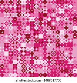Seamless pattern. Circles, four-beam stars and squares constructed in rows. Chaotic motley coloring. Harmonious colors.